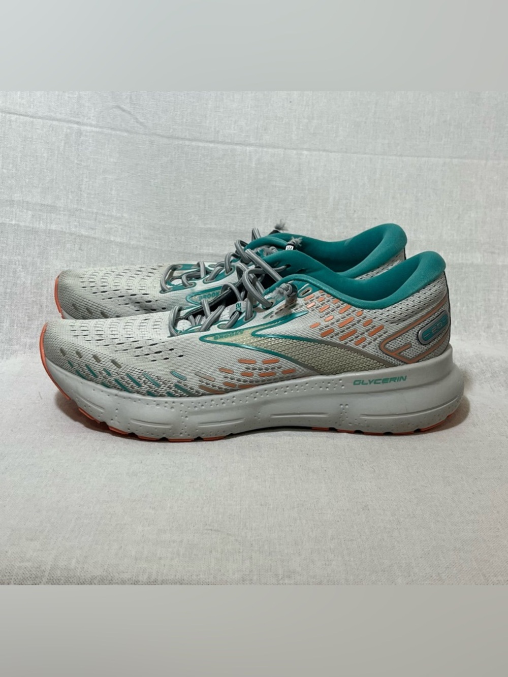 Brooks Women's Glycerin Running Shoes in White, Teal, and Coral